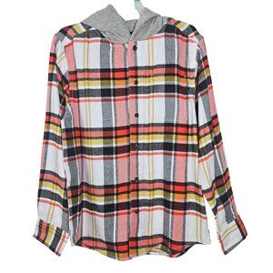 Boys Plaid Hooded Flannel Shirt L (10-12) Long Sleeve Button-Up Chest Pocket